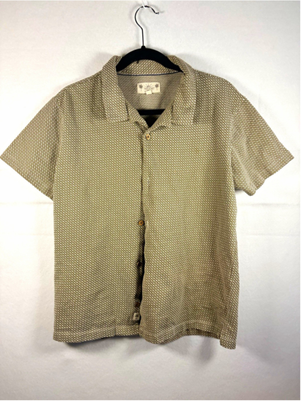 Free Planet Men's M Beige/White Geometric Cotton Woven Short Sleeve Button-Up
